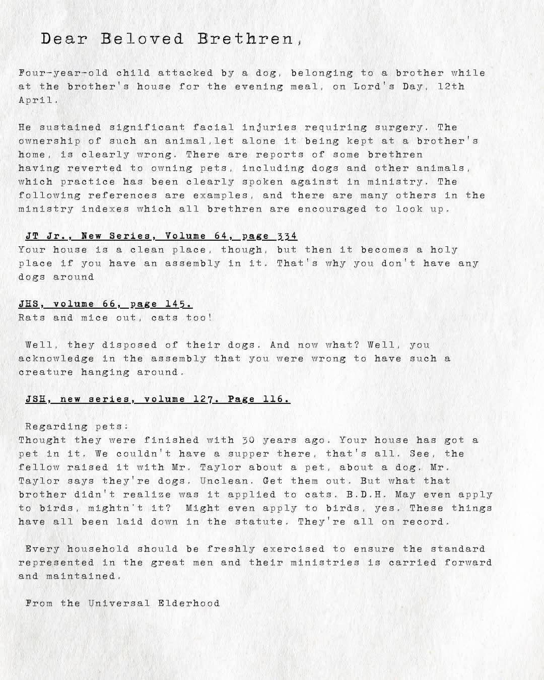 r/cults - Plymouth Brethren Christian Church Pet Ban Letter Read out!