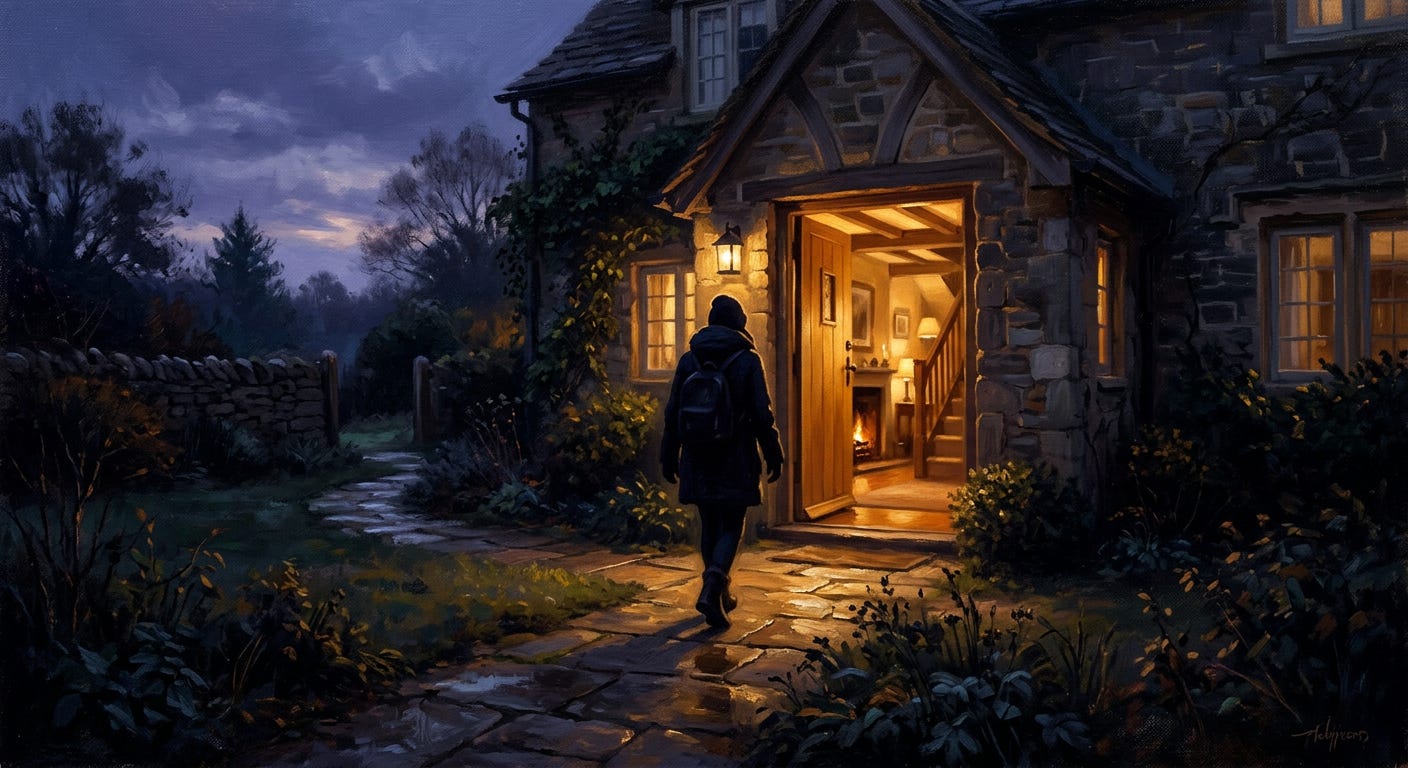 A silhouette approaching a warmly lit doorway at dusk, representing the return of the changed giver to the community that sent them — carrying what the encounter put in them. A silhouette approaching a warmly lit doorway at dusk, representing the return of the changed giver to the community that sent them — carrying what the encounter put in them.