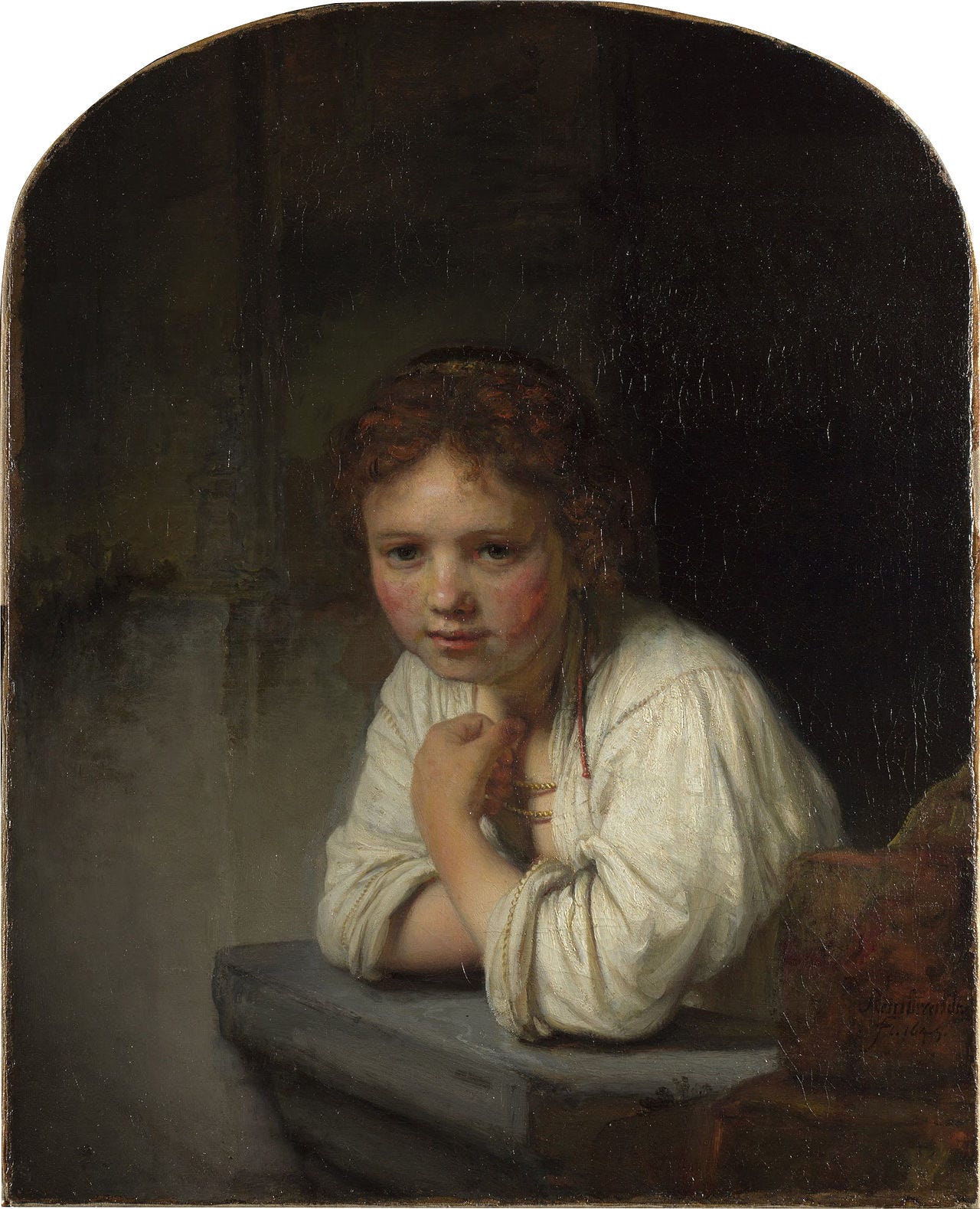 Girl leaning on a stone sill looking out Girl leaning on a stone sill looking out