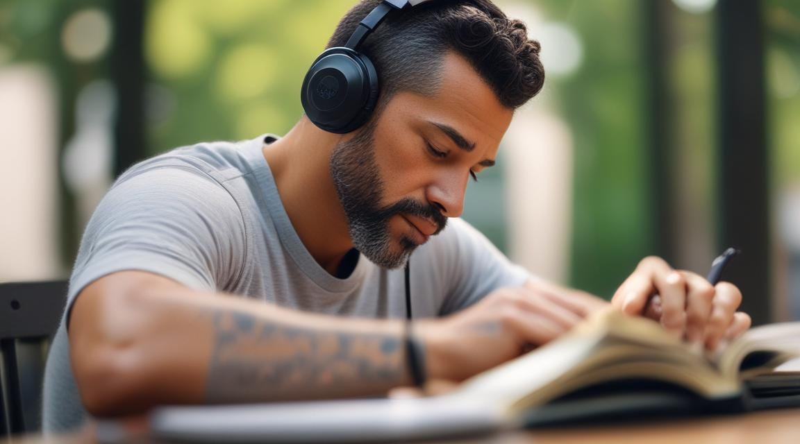 an older man listening to music as he re-reads his entries to his journaling