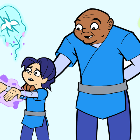 A GIF of rotating images showing Solaa and Brother Paro, first in flat colors, then with shadows added, finally with shadows and highlights. 