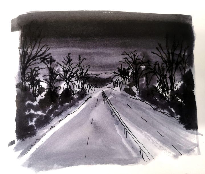 five black ink paintings of rural roads in winter. varying quality.