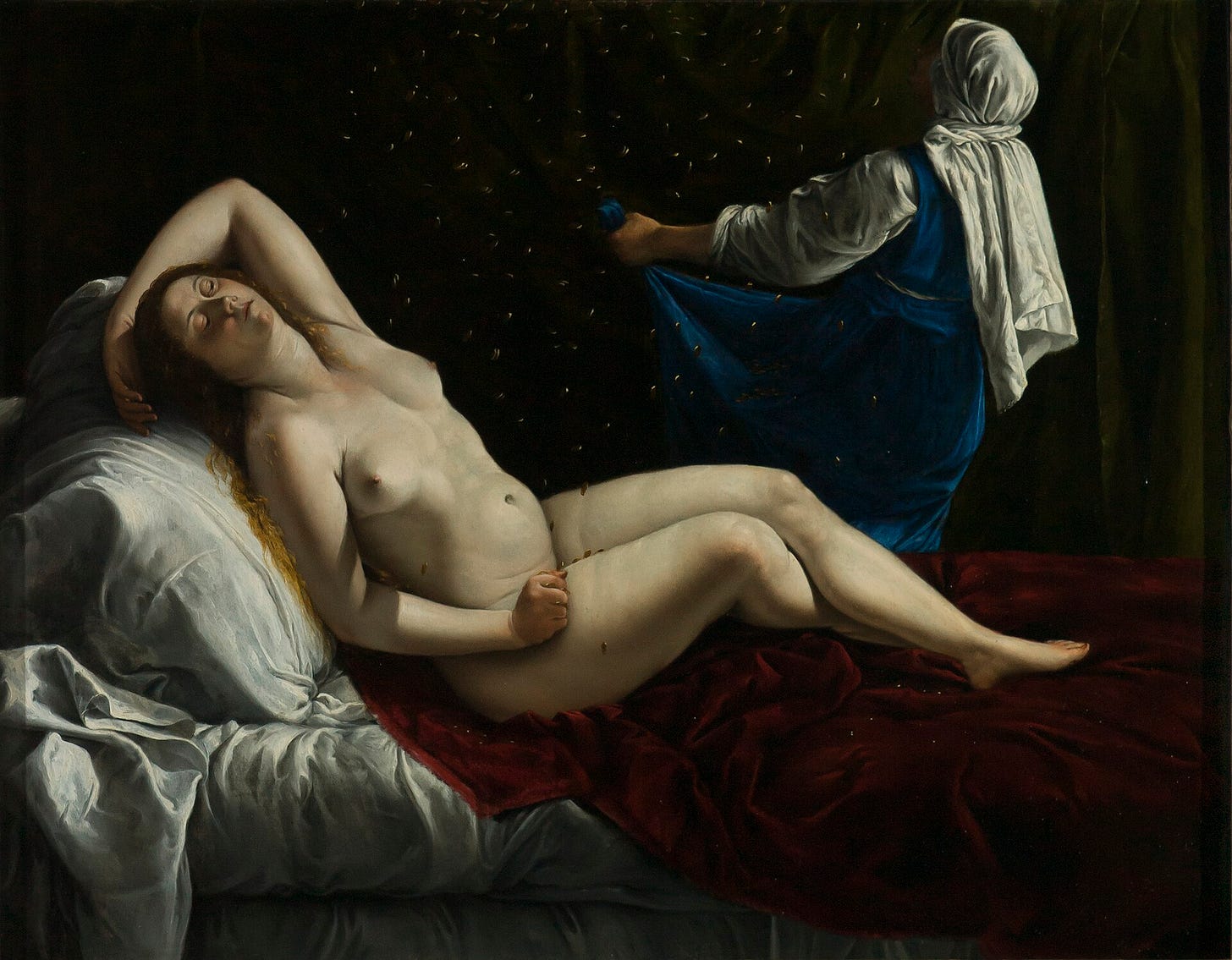 A naked young woman with golden hair lies back on a bed while gold coins rain down on her, and a maid behind her gathers coins in her skirt.