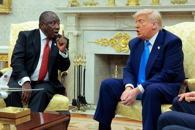 South African President Cyril Ramaphosa and U.S. President Donald Trump exchange words during a tense Oval Office meeting on May 21, 2025 in Washington, D.C.