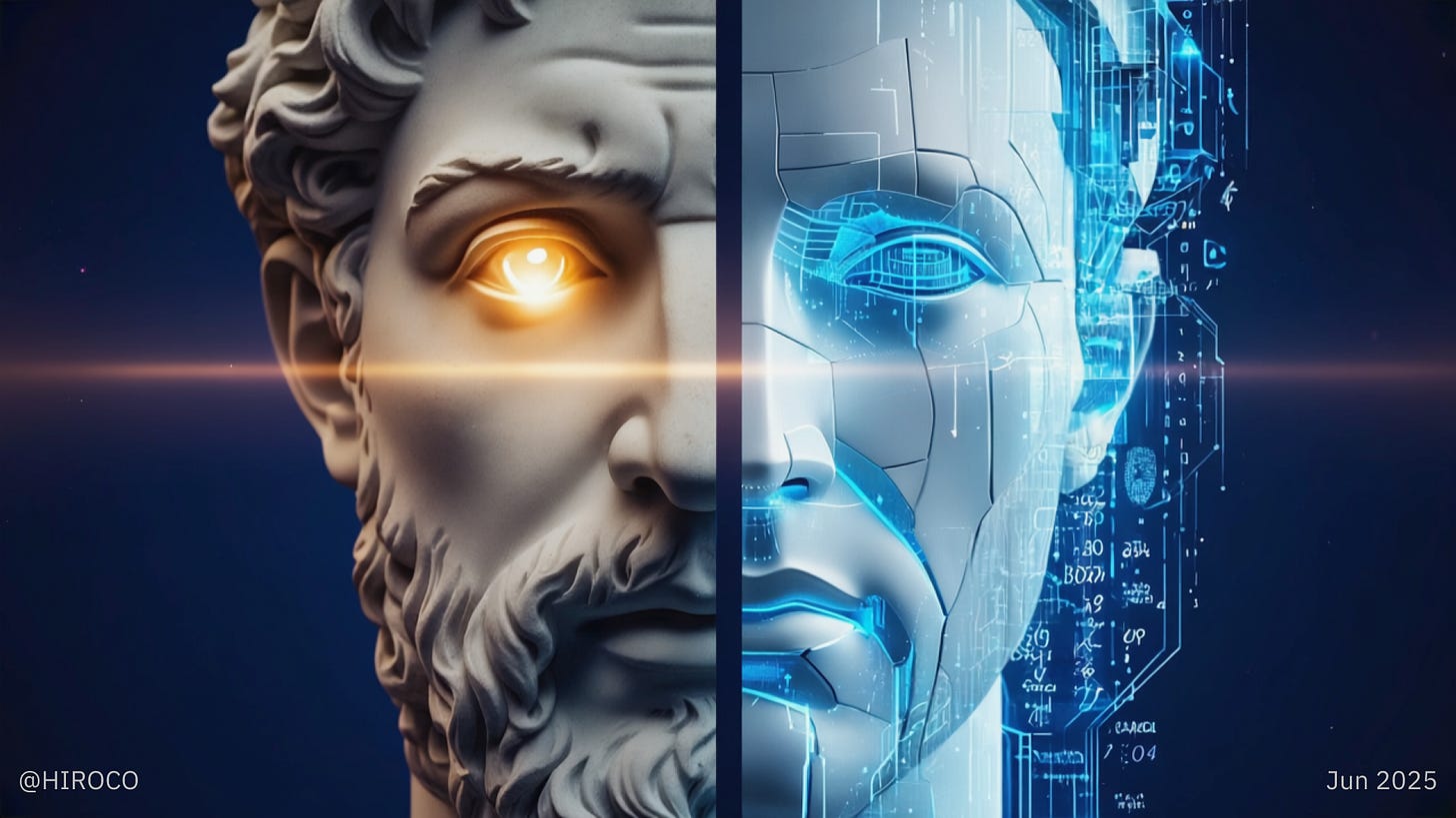 Split-screen artistic representation contrasting classical human wisdom on the left, depicted as an ancient philosopher's statue with a glowing golden eye, against modern AI intelligence on the right, shown as a digital face with blue circuit patterns and data streams, symbolizing the fundamental difference between human reasoning and AI pattern generation.