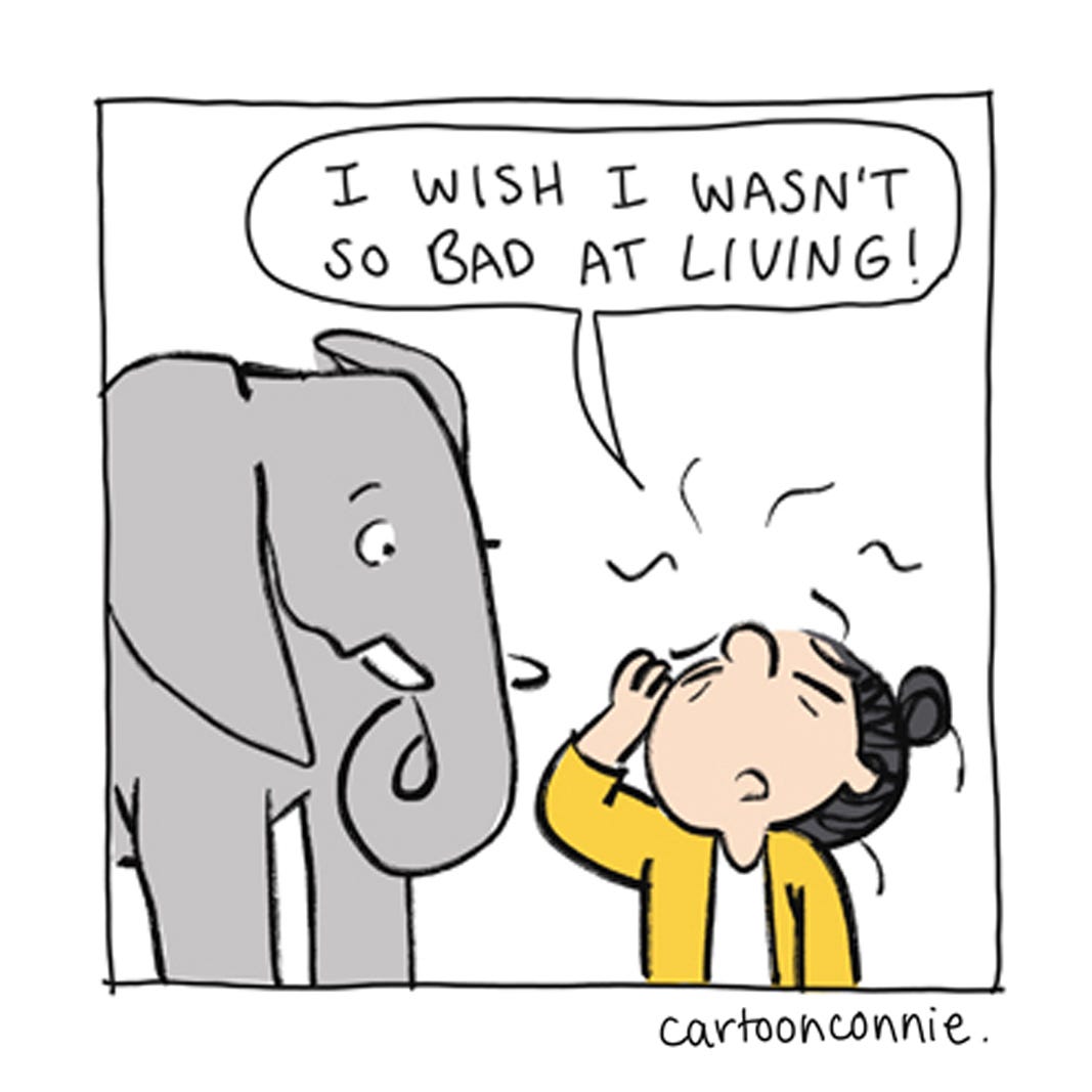 Panel 3 of a 6-panel comic strip about our mistakes and imperfections and how they make us unique and give us style. Titled "All My Mistakes," 2026, by Connie Sun, cartoonconnie.