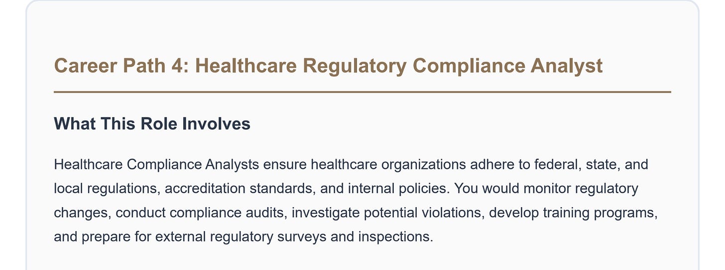 career transitions path suggested: healthcare regulatory compliance analyst