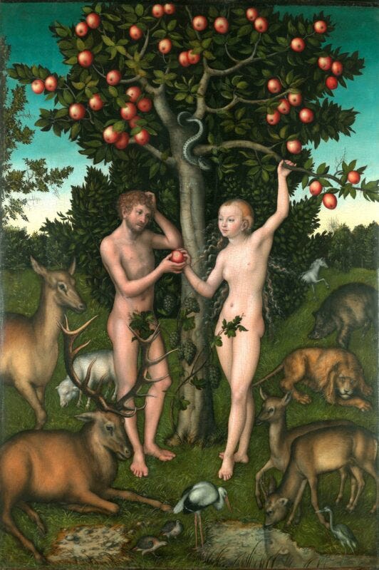 Adam and Eve are depicted at the fateful moment when they disobey God and commit the first sin. Adam and Eve are depicted at the fateful moment when they disobey God and commit the first sin.