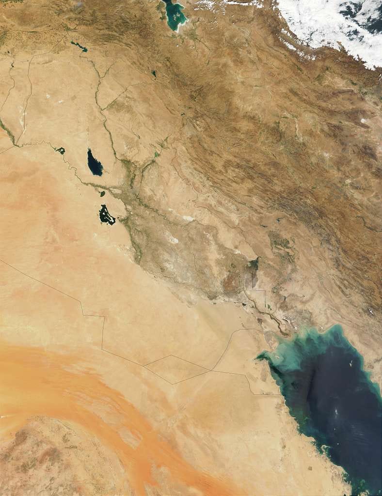 NASA image of Mesopotamia showing the Tigris and Euphrates region, or a Fertile Crescent map. This fits the Eden/geography discussion. Credit: NASA Earth Observatory / MODIS, or Wikimedia Commons for the Fertile Crescent map
