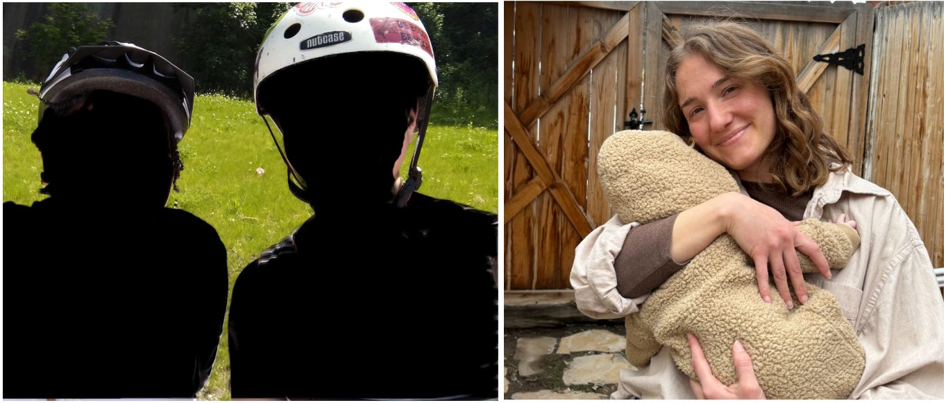 Two side-by-side photos. Left: Two people in bike helmets shown in silhouette, facing a green field. Right: A young woman with wavy brown hair smiling warmly while holding a baby, standing outdoors against a wooden fence. Two side-by-side photos. Left: Two people in bike helmets shown in silhouette, facing a green field. Right: A young woman with wavy brown hair smiling warmly while holding a baby, standing outdoors against a wooden fence.