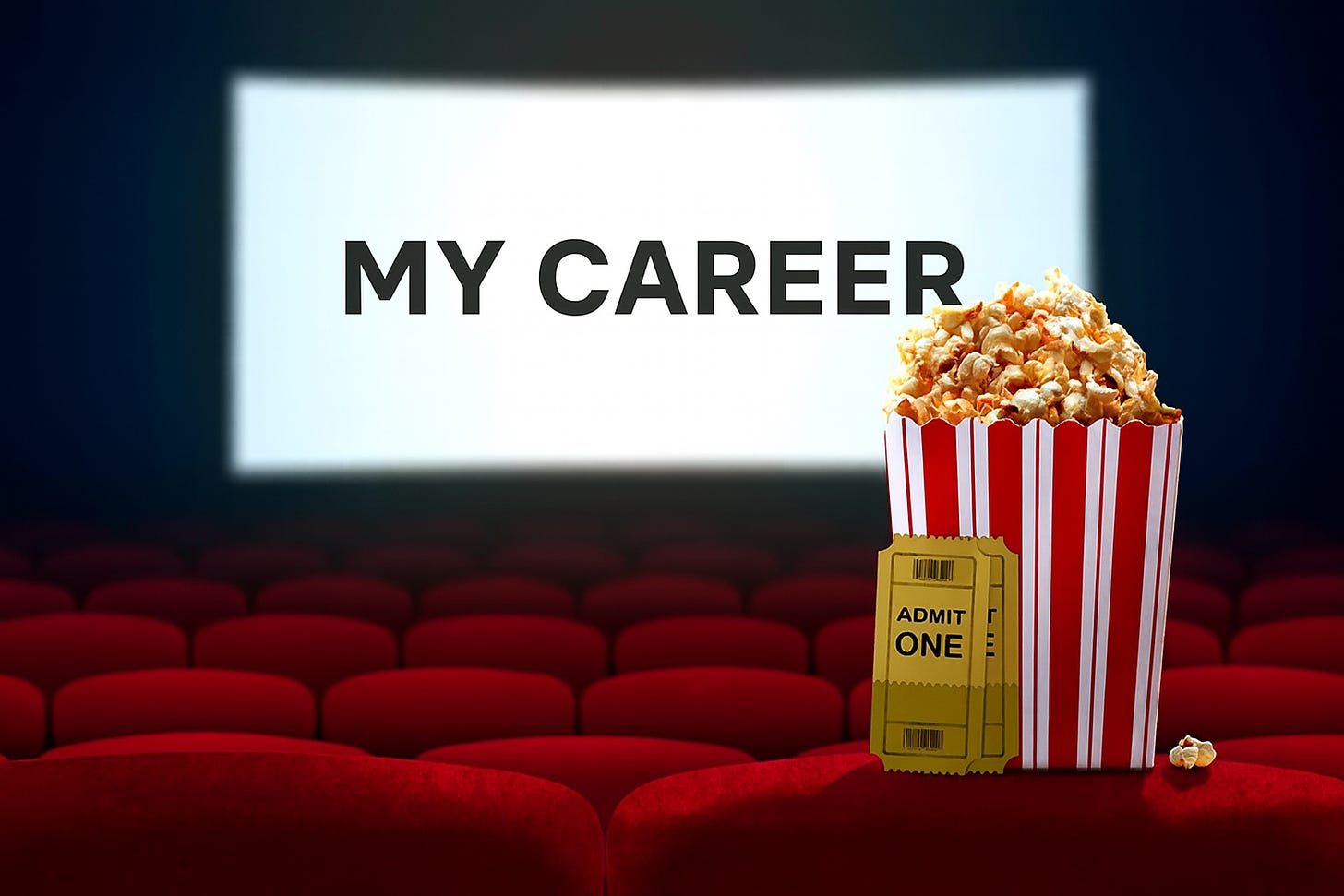 Cinematic image of a popcorn bucket and movie ticket in front of a screen reading “My Career,” representing storytelling in career design. Cinematic image of a popcorn bucket and movie ticket in front of a screen reading “My Career,” representing storytelling in career design.