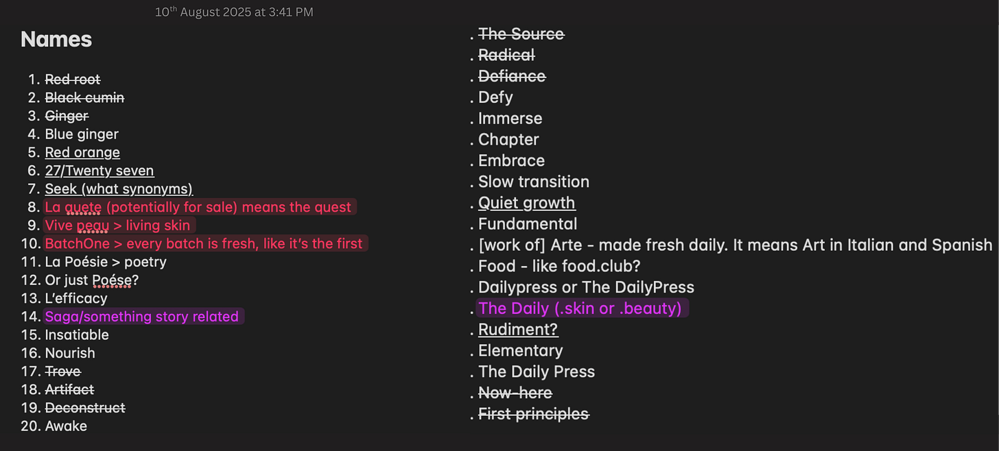 Discarded skincare brand name ideas before settling on The Daily Press