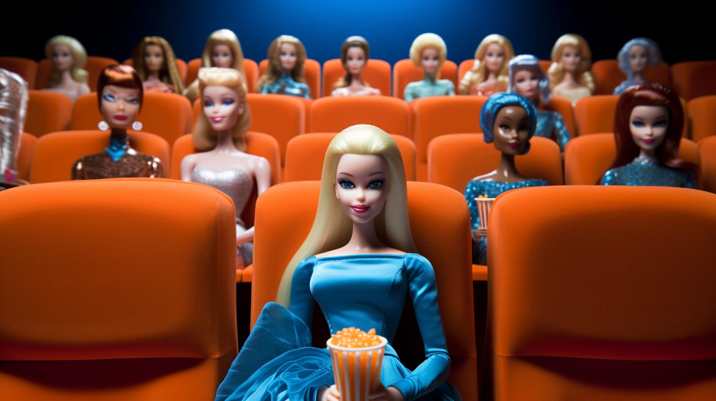 Midjourney Prompt: Barbies sitting in a movie theater watching a movie, colors of Burnt Orange and Air Superiority Blue ::1 Airplanes ::-0.5 Midjourney Prompt: Barbies sitting in a movie theater watching a movie, colors of Burnt Orange and Air Superiority Blue ::1 Airplanes ::-0.5