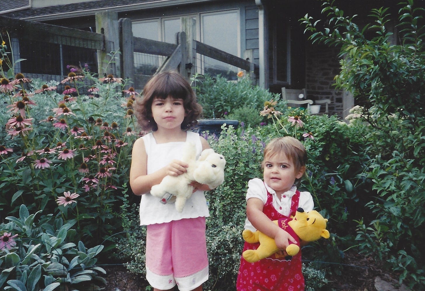 Two toddler sisters, stuffed animals in hand, are posed against a flower backdrop in the backyard. Neither of them looks thrilled to be there.