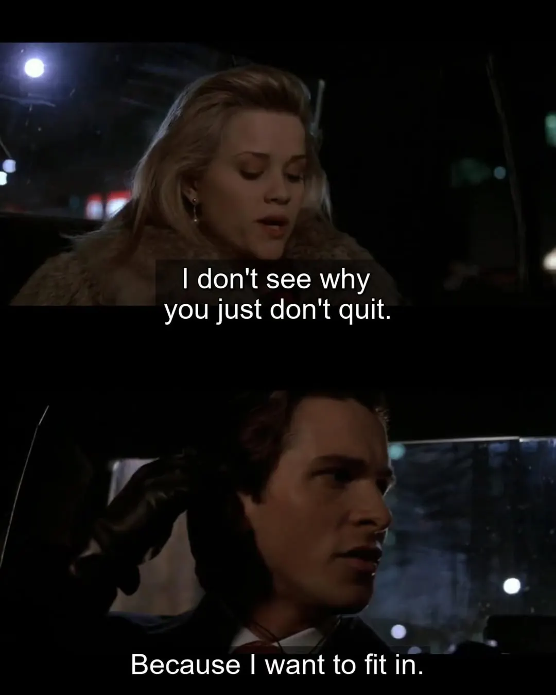 patrick bateman with his girlfriend talking about fitting in