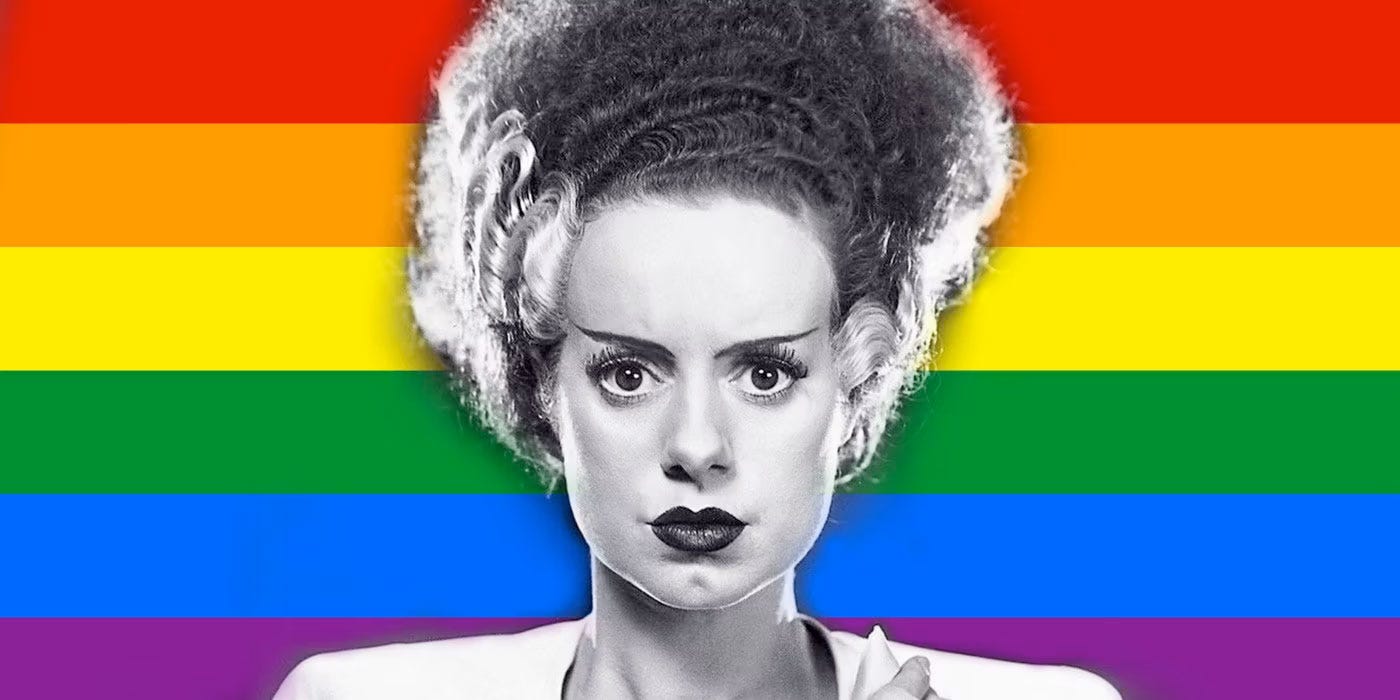 Close-up of Elsa Lanchester as the Bride of Frankenstein set against the multi-coloured Pride flag