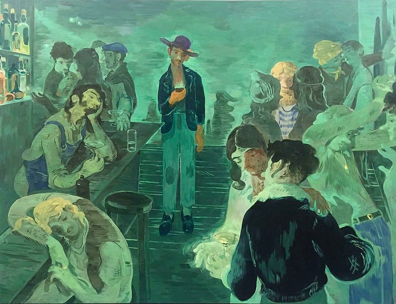 A depiction of a bar interior in shades of blue and green. The space is filled with human figures, many in close contact: leaning on each other, embracing, talking softly, or simply resting. To the left, a man with long hair and a beard slumps over the bar counter with a drink, eyes closed in exhaustion or sorrow. Another figure lies asleep in the foreground, their head resting on their folded arms. In the center, a man stands out. He is dressed in teal overalls, a dark jacket, and a purple hat. He is looking at his cellphone, light emitting from it.