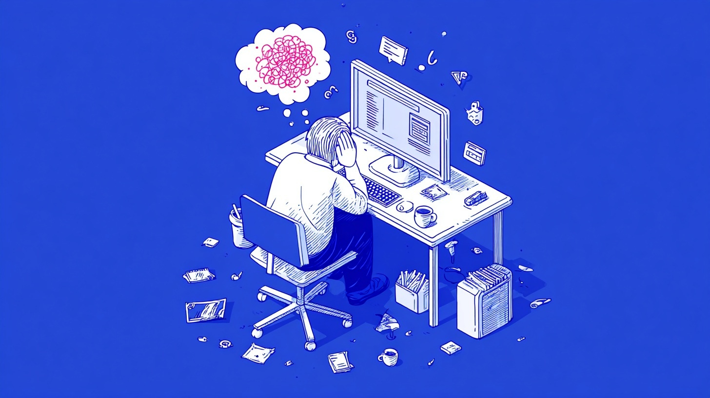  Illustration of a frustrated person sitting at a messy desk, holding their head while looking at a computer screen, with a pink scribble thought bubble symbolising confusion.