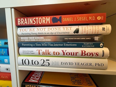 stacks of books on boundaries, equal partnership, parenting, adult learning, women's health, time management, leadership, self-discovery