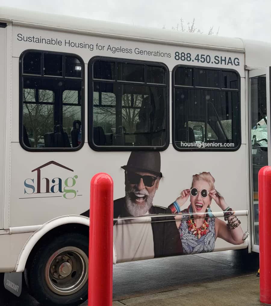 A bus advertising Sustainable Housing for Ageless Generation is called SHAG and the old people pictured on it look happy about it. A bus advertising Sustainable Housing for Ageless Generation is called SHAG and the old people pictured on it look happy about it.