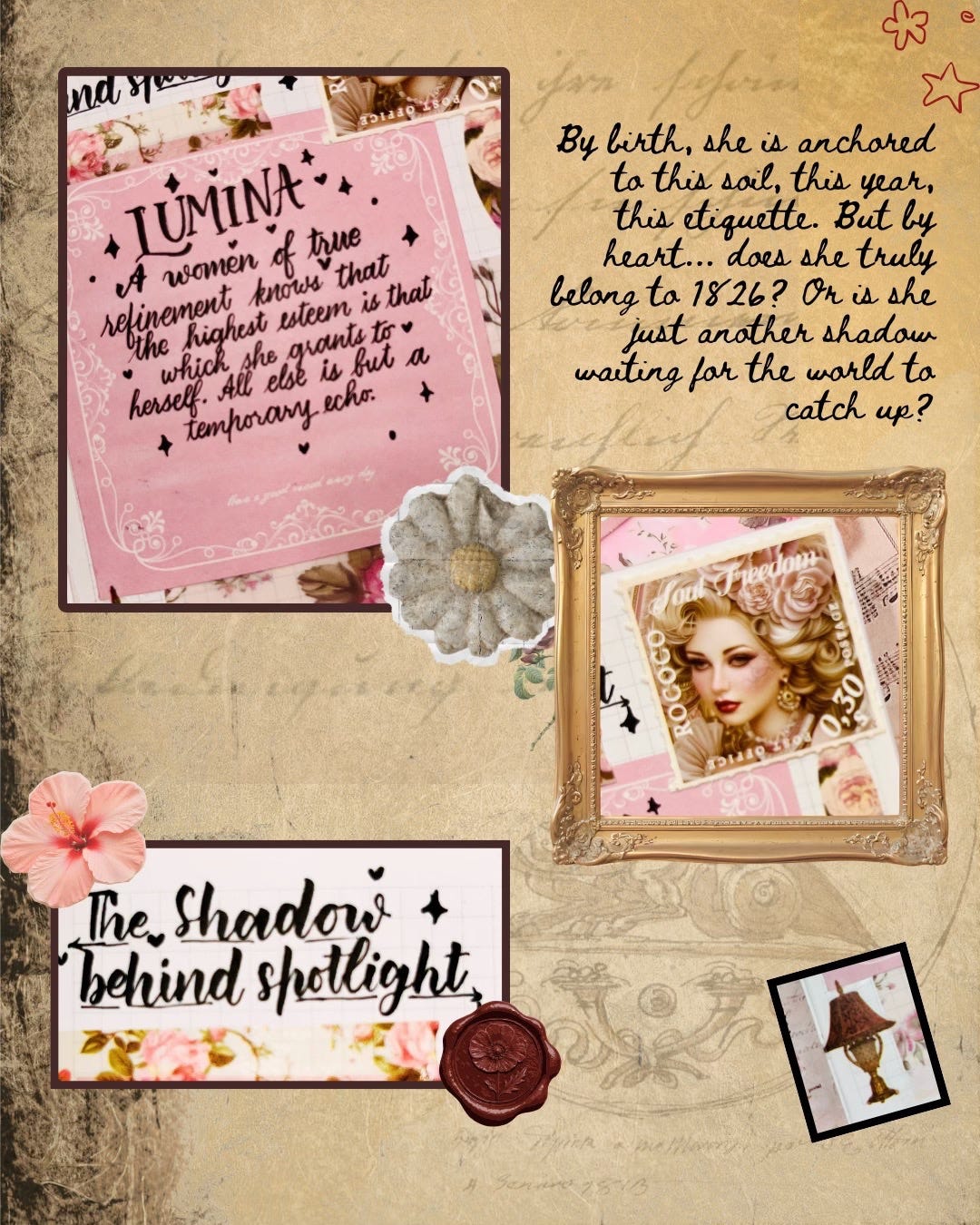Conceptual art of Lumina in an ornate gold frame with handwritten text questioning her belonging in the year 1826.