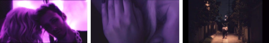 Three stills from left to right: first is a female figure's head leaning into cøzybøy's face. middle is a close up of a hand obscuring a female's face. last still is a couple walking into the distance in an alleyway at night.