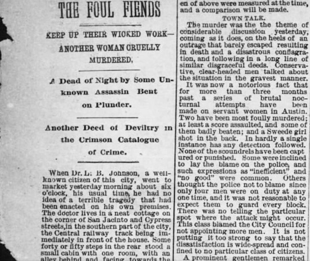 Newspaper clip about the murder of Eliza Shelly. The Austin Weekly Statesman, 1885. Newspaper clip about the murder of Eliza Shelly. The Austin Weekly Statesman, 1885.