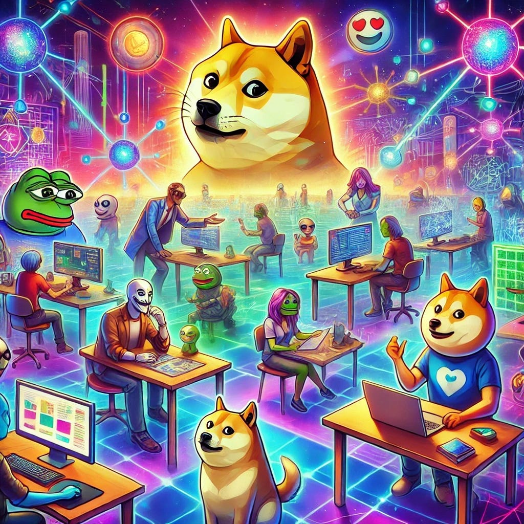 A digital illustration showing characters inspired by popular memecoins like Doge and Pepe gathered in a vibrant, collaborative environment. The setting features dynamic, interconnected elements like glowing pathways and shared workspaces, symbolizing community-driven innovation. Each character is actively contributing—some creating, others building—illustrating collective creativity and adaptability. The background is energetic and colorful, evoking a sense of collaboration and endless possibilities. No text or symbols included.