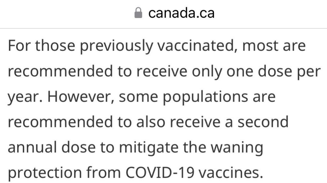Screenshot from canada.ca, "Summary of NACI statement of January 10, 2025: Guidance on the use of COVID-19 vaccines for 2025 to summer 2026". Text says: "For those previously vaccinated, most are recommended to receive only one dose per year. However, some populations are recommended to also receive a second annual dose to mitigate the waning protection from COVID-19 vaccines." Screenshot from canada.ca, "Summary of NACI statement of January 10, 2025: Guidance on the use of COVID-19 vaccines for 2025 to summer 2026". Text says: "For those previously vaccinated, most are recommended to receive only one dose per year. However, some populations are recommended to also receive a second annual dose to mitigate the waning protection from COVID-19 vaccines."