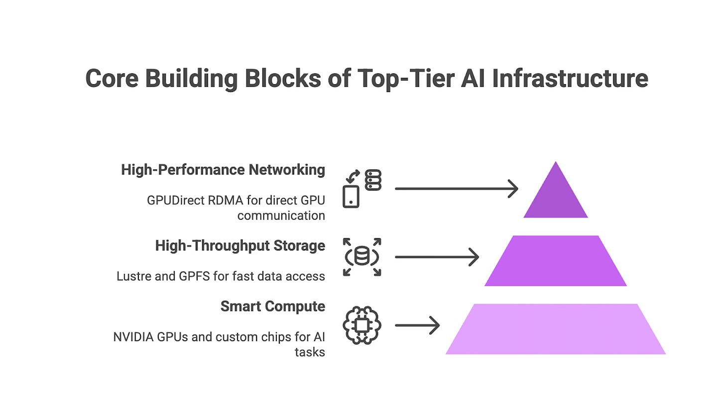 AI infrastructure core building blocks: high-performance networking, storage systems, smart compute GPUs for scalable operations