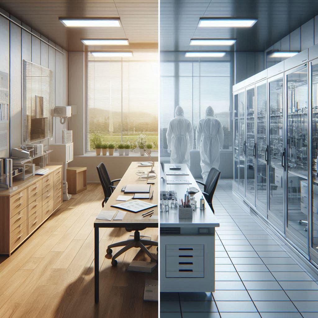 A clean-ish office on the left and a lab clean-room on the right