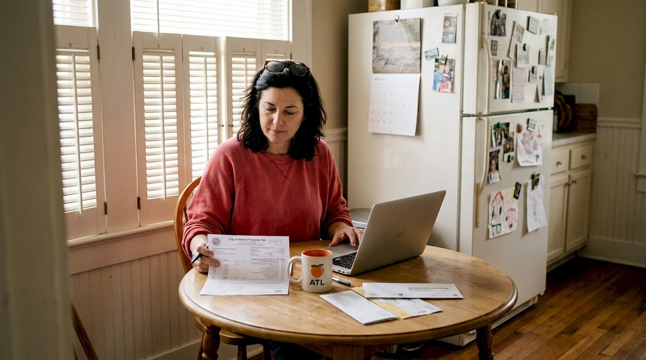 Woman reviewing home equity in Atlanta kitchen Woman reviewing home equity in Atlanta kitchen