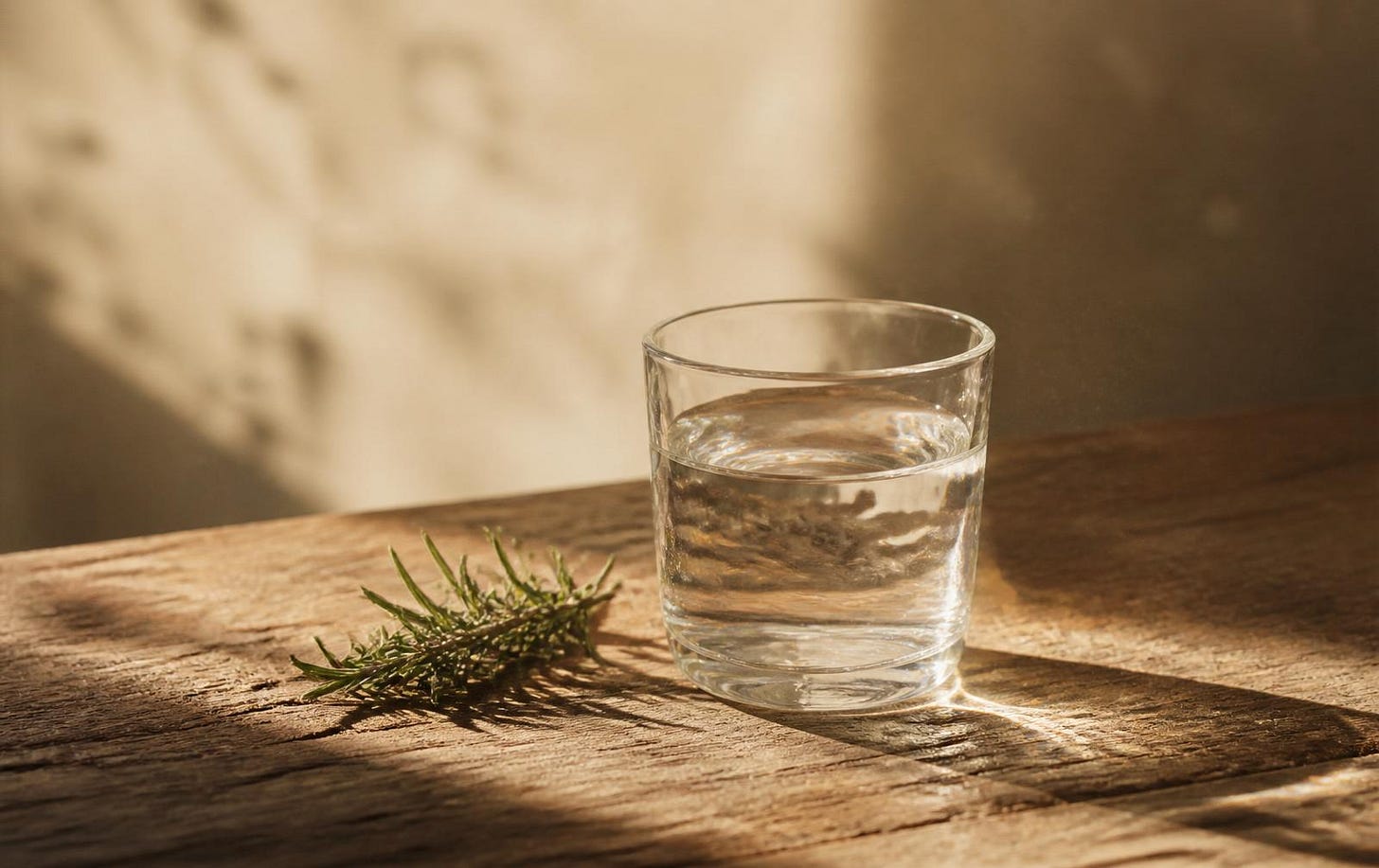A clear glass of structured water next to a fresh rosemary sprig on a rustic wooden table under elegant sunlight shadows. A clear glass of structured water next to a fresh rosemary sprig on a rustic wooden table under elegant sunlight shadows.