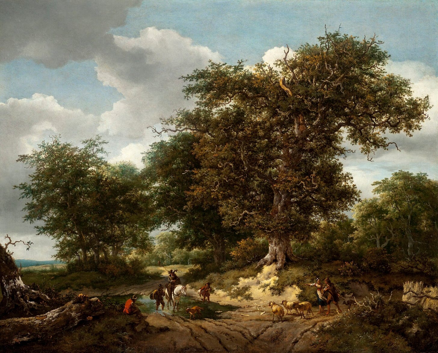 Ruisdael's Great Oak, a huge oak on a rise between two roads with travelers passing beneath it under a cloudy sky Ruisdael's Great Oak, a huge oak on a rise between two roads with travelers passing beneath it under a cloudy sky