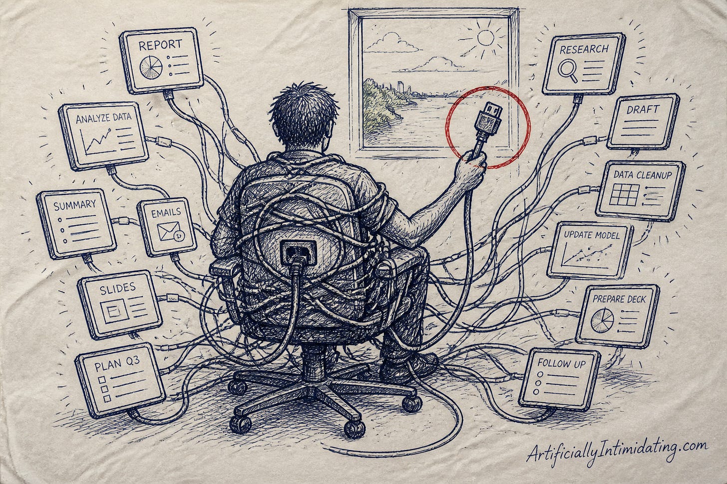 Pen-and-ink cartoon: a person sits in an office chair, wrapped in a tangle of cables that run out to a dozen floating screens labelled with half-finished tasks like REPORT, SUMMARY, FOLLOW UP and PLAN Q3. The person calmly holds up one thick connector they have just unplugged from the back of their own chair, circled in red. Behind them a window shows daylight over a river.