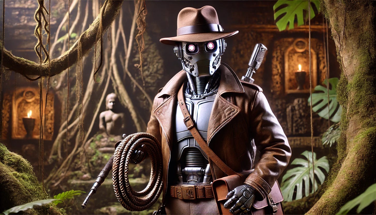 A futuristic robot dressed as an 1980s movie explorer, wearing a brown fedora, a rugged leather jacket, and carrying a coiled whip. The robot has a metallic body with adventure-ready accessories like a satchel and sturdy boots. The background is an ancient jungle temple, filled with mysterious artifacts, vines, and stone carvings. The robot appears to be on an exciting treasure hunt, with a determined stance and a sense of adventure.