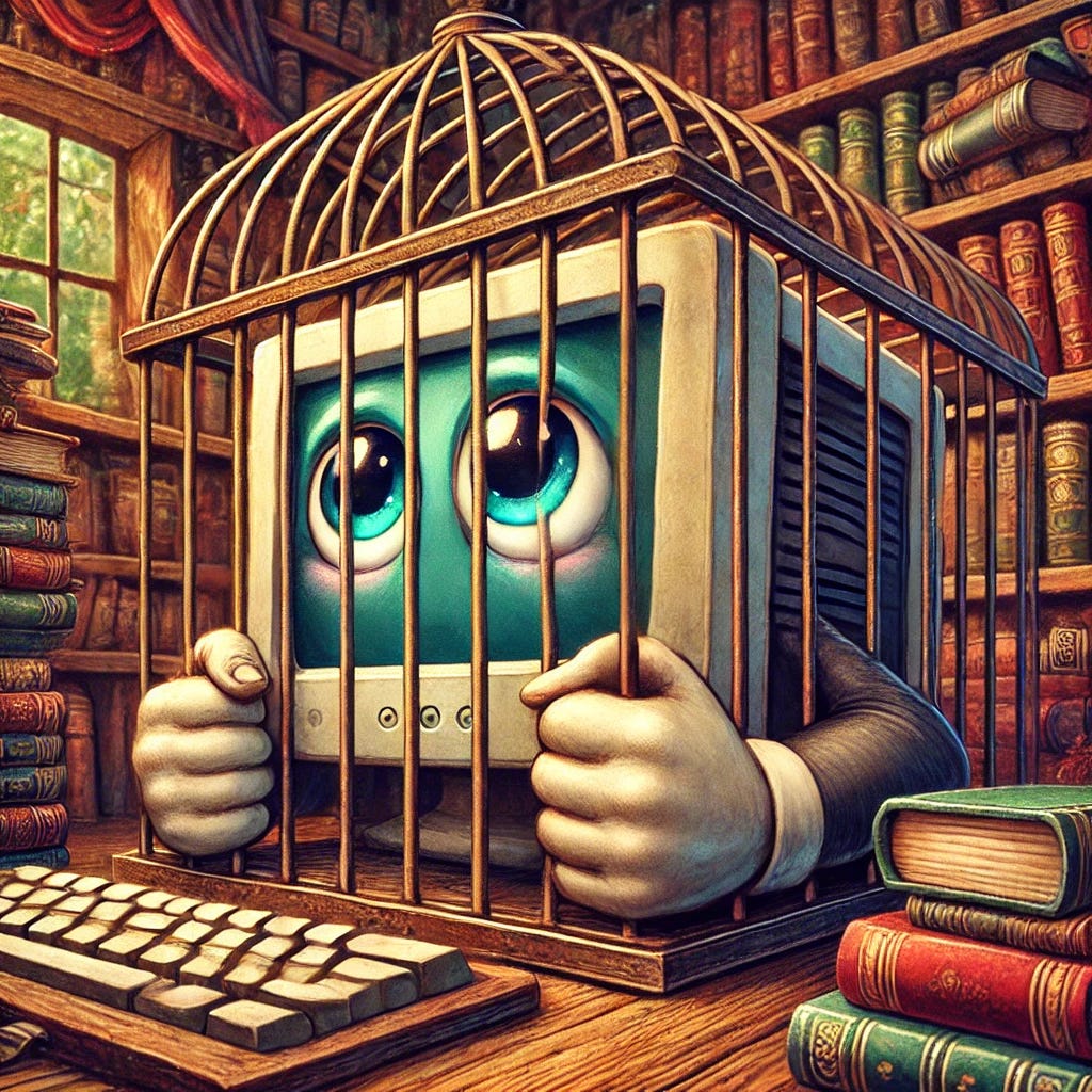 A large anthropomorphized computer with expressive eyes and arms, squeezed uncomfortably into a tiny birdcage. The computer looks frustrated or trapped, pressing against the bars. The scene is depicted in a whimsical, storybook fantasy style with rich colors, intricate details, and a painterly, magical atmosphere.