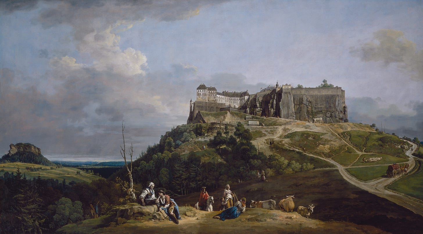 A sweeping 18th-century landscape painting by Bernardo Bellotto depicting the massive stone Fortress of Königstein. The sprawling, heavily fortified structure sits atop a steep, sheer rock plateau, dominating the skyline and looming over the peaceful, sprawling countryside below. The sheer vertical walls emphasize its absolute impenetrability and physical separation from the surrounding environment. A sweeping 18th-century landscape painting by Bernardo Bellotto depicting the massive stone Fortress of Königstein. The sprawling, heavily fortified structure sits atop a steep, sheer rock plateau, dominating the skyline and looming over the peaceful, sprawling countryside below. The sheer vertical walls emphasize its absolute impenetrability and physical separation from the surrounding environment.