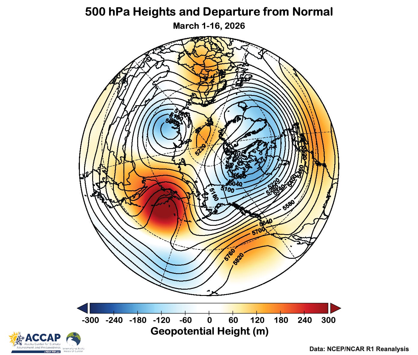 Map centered on near the North Pole showing 500 hPa heights (the "steering flow") as lines and and departures from the 1991-2020 normal as a color field.
