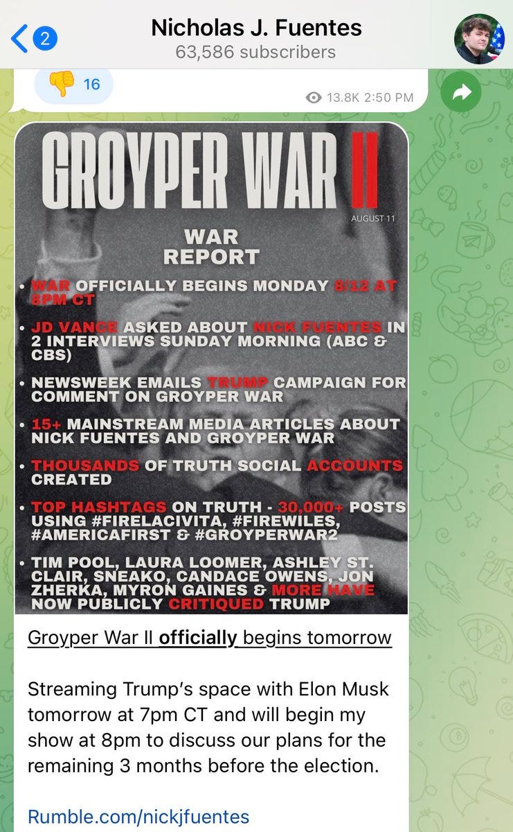 Jacob N. Kornbluh on X: "Fuentes mocks Vance's condemnation, declares “ Groyper War II” on Trump https://t.co/blqMUcId8C" / X