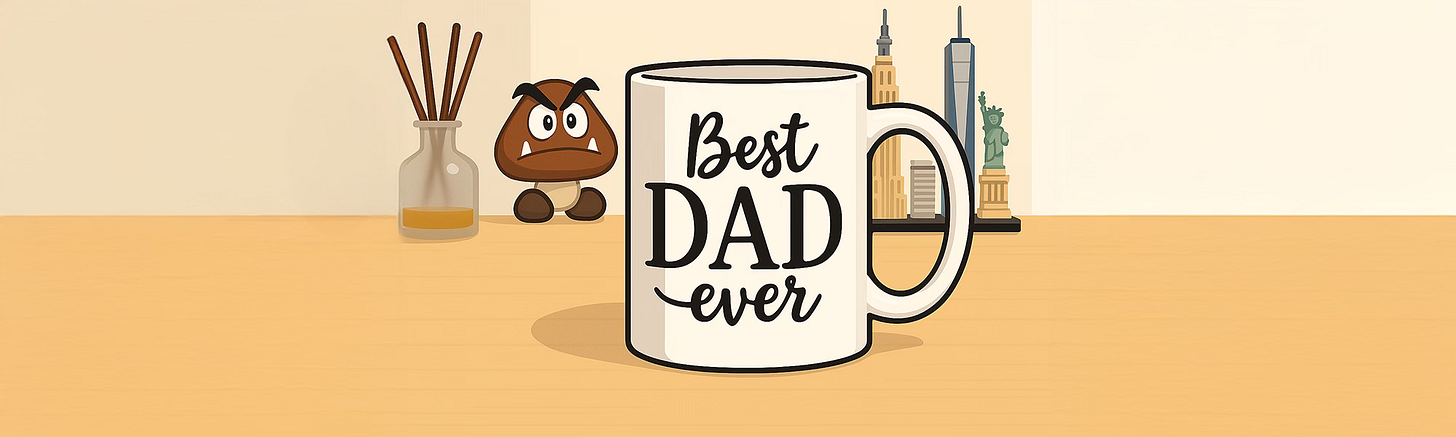 A cartoon illustration of my work desk with my new Best Dad Ever Mug. A cartoon illustration of my work desk with my new Best Dad Ever Mug.
