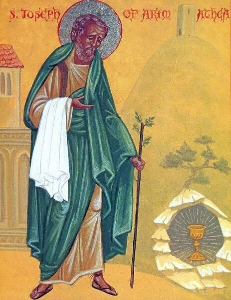 Icon of St. Joseph of Arimathea at Glastonbury, with the Holy Grail and the staff that flowered