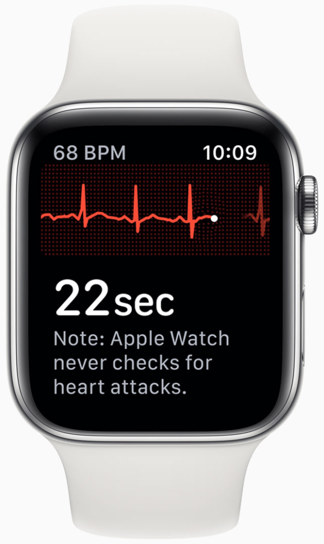 On Apple Watch Series 4 or later, the ECG app can record heartbeat and rhythm using the electrical heart sensor. The ECG waveform stored in the Health app can be shared as a PDF.