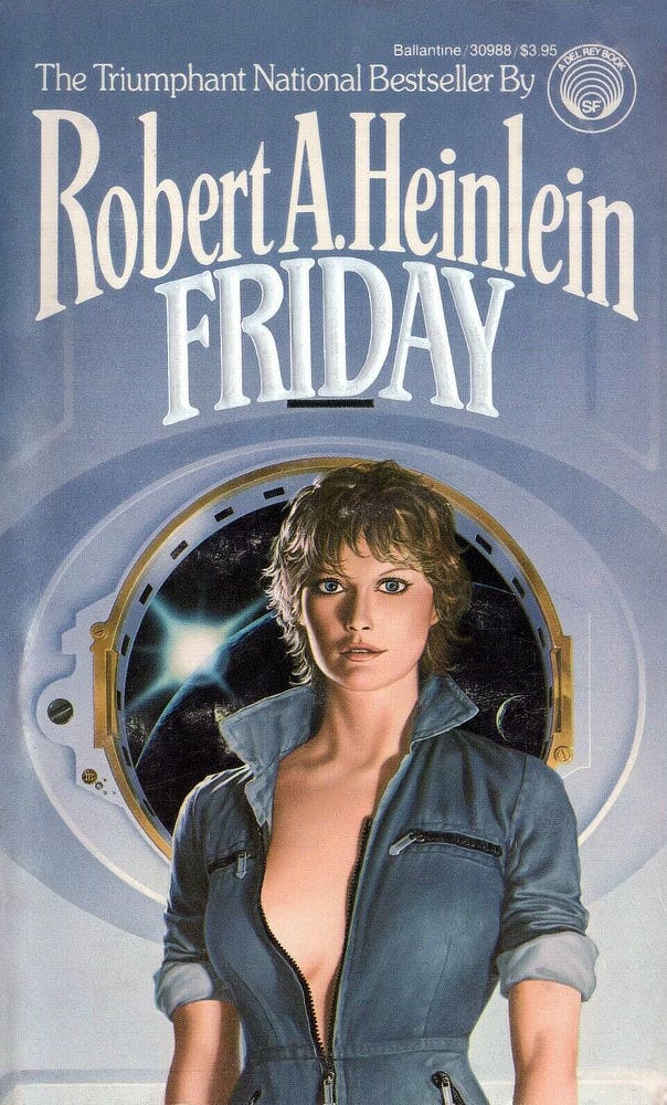Book cover for FRIDAY by Robert A. Heinlein published by Del Rey