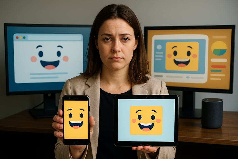 bored and unhappy professional woman between many devices and interfaces with the same cartoon smile bored and unhappy professional woman between many devices and interfaces with the same cartoon smile