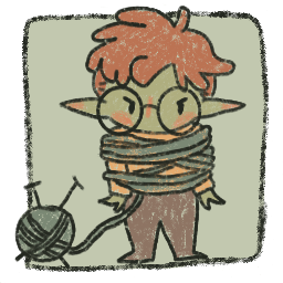 A drawing of the author/artist Nicki as a grumpy goblin wrapped up in yarn.