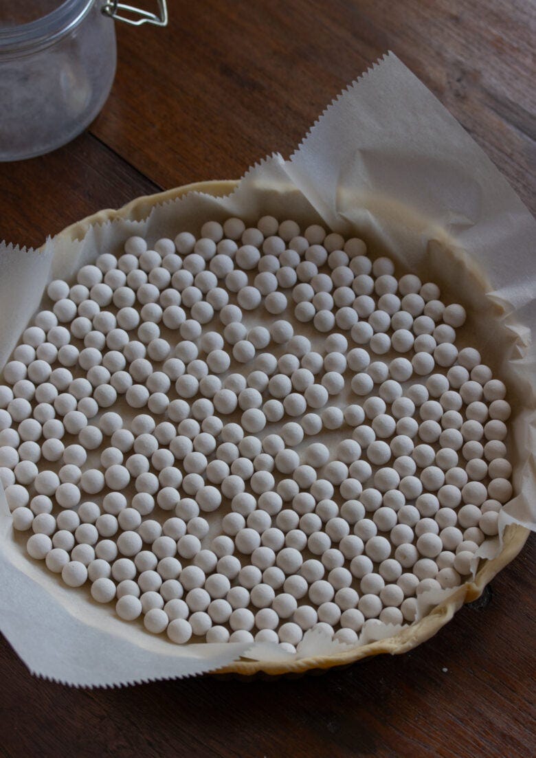 pie dough in the mold with pie weight
