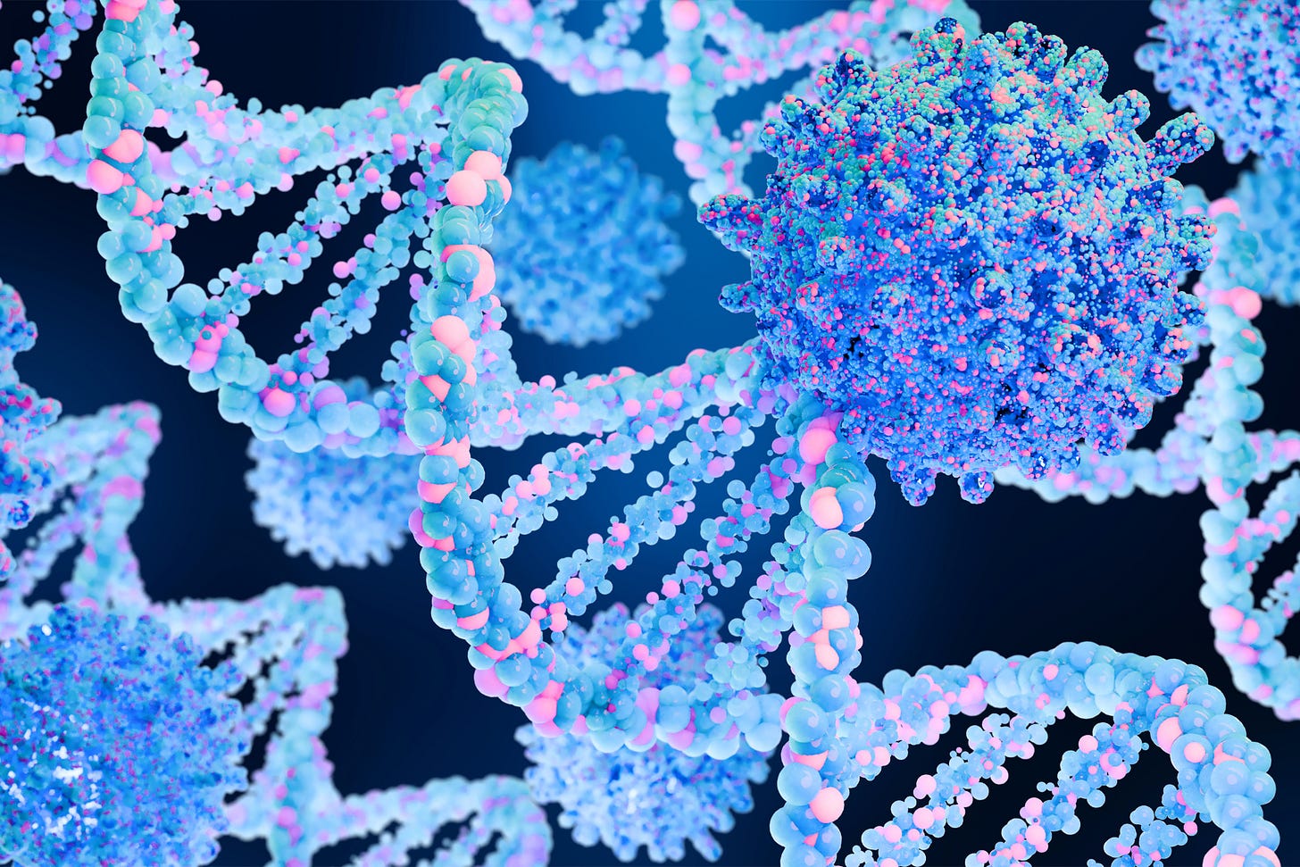 A vibrant blue 3D render of a double helix DNA strand representing genetic sequencing and molecular biology research