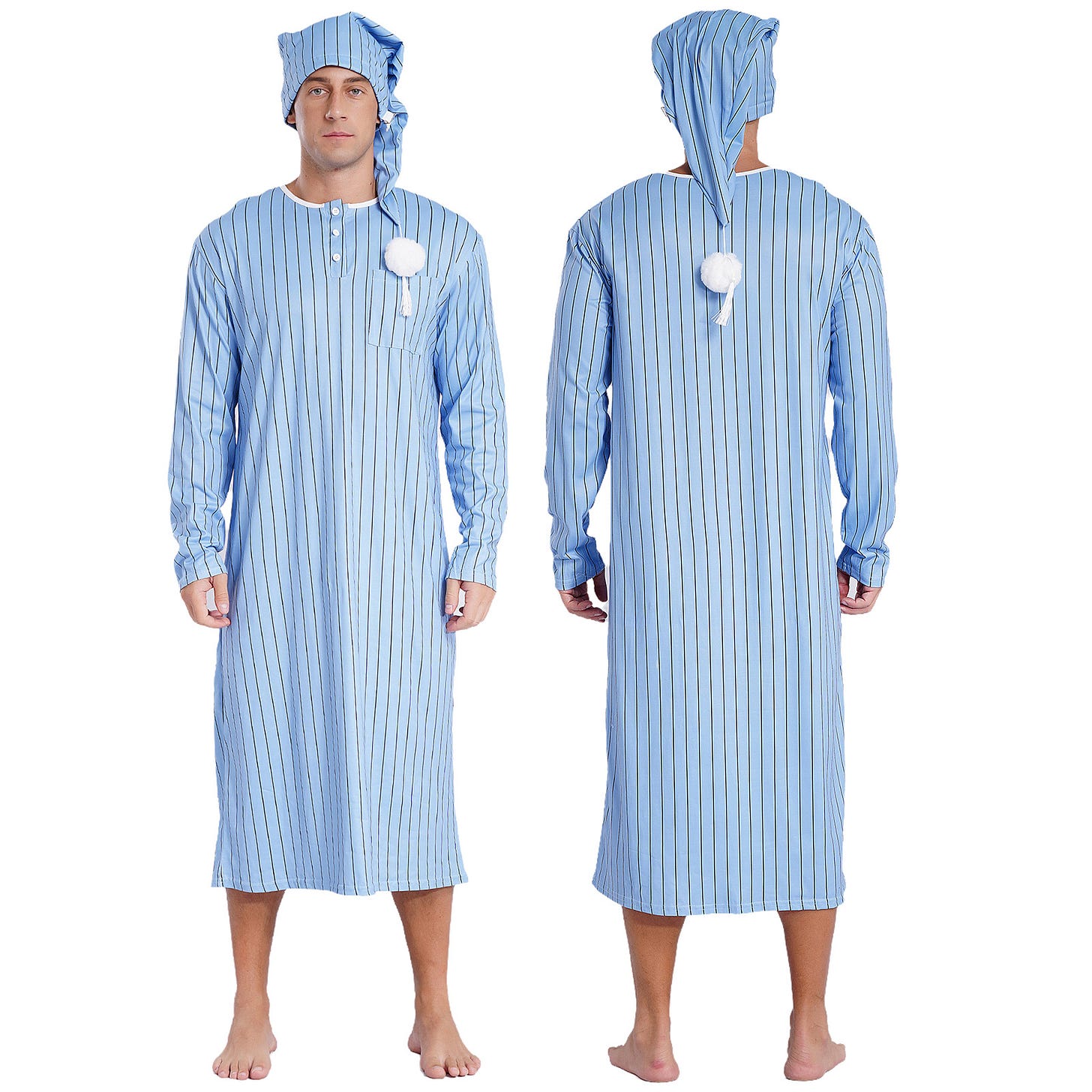 Men's Soft Loose Sleep Robe Fashion Homewear Striped Long Sleeve  Button-down Nightshirt with Sleeping Cap Pajama Set Nightgown - AliExpress  200574005