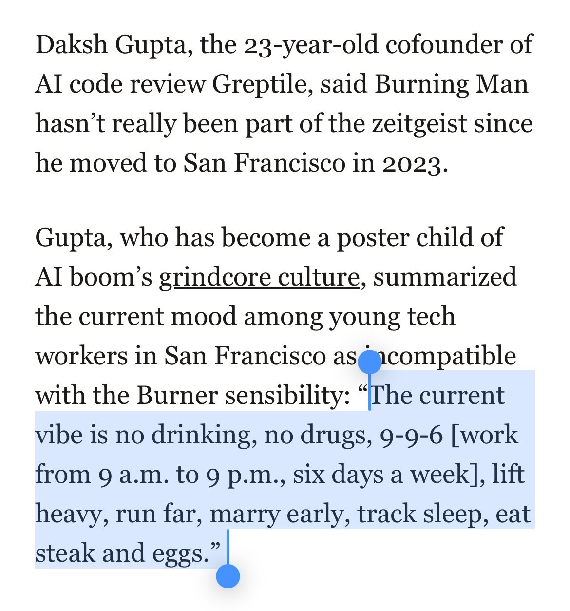 Daksh Gupta, a 23-year-old man, standing in a professional setting. Text overlay includes quotes about AI, tech culture, and work habits in San Francisco.
